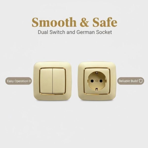 卖点图：顺滑双开开关与安全插座 F200 Series, Gold, Modular Design -European Standard Schuko socket