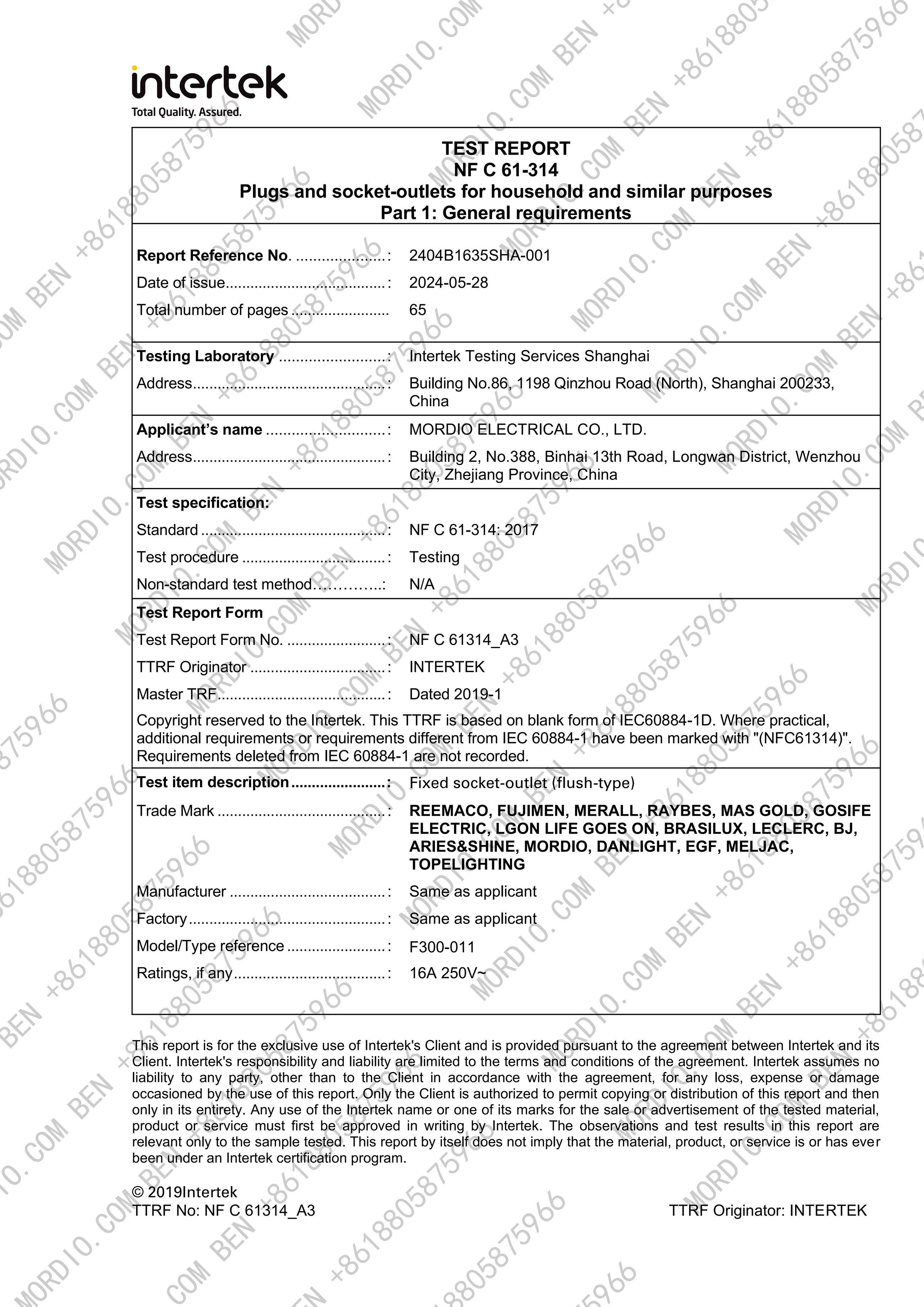 标题 (Title) NF C 61-314 Test Report | 16A 250V Flush-Type Household Sockets | Intertek Certification for MORDIO