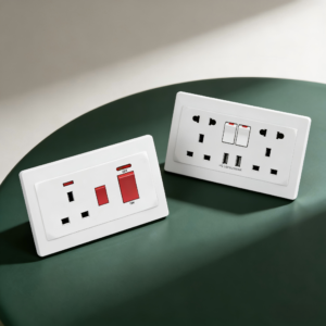 Mordio A4 Series 86-type British Standard switched socket with dual USB ports and double light switch, white PC finish, minimalist luxury design on matte dark green surface