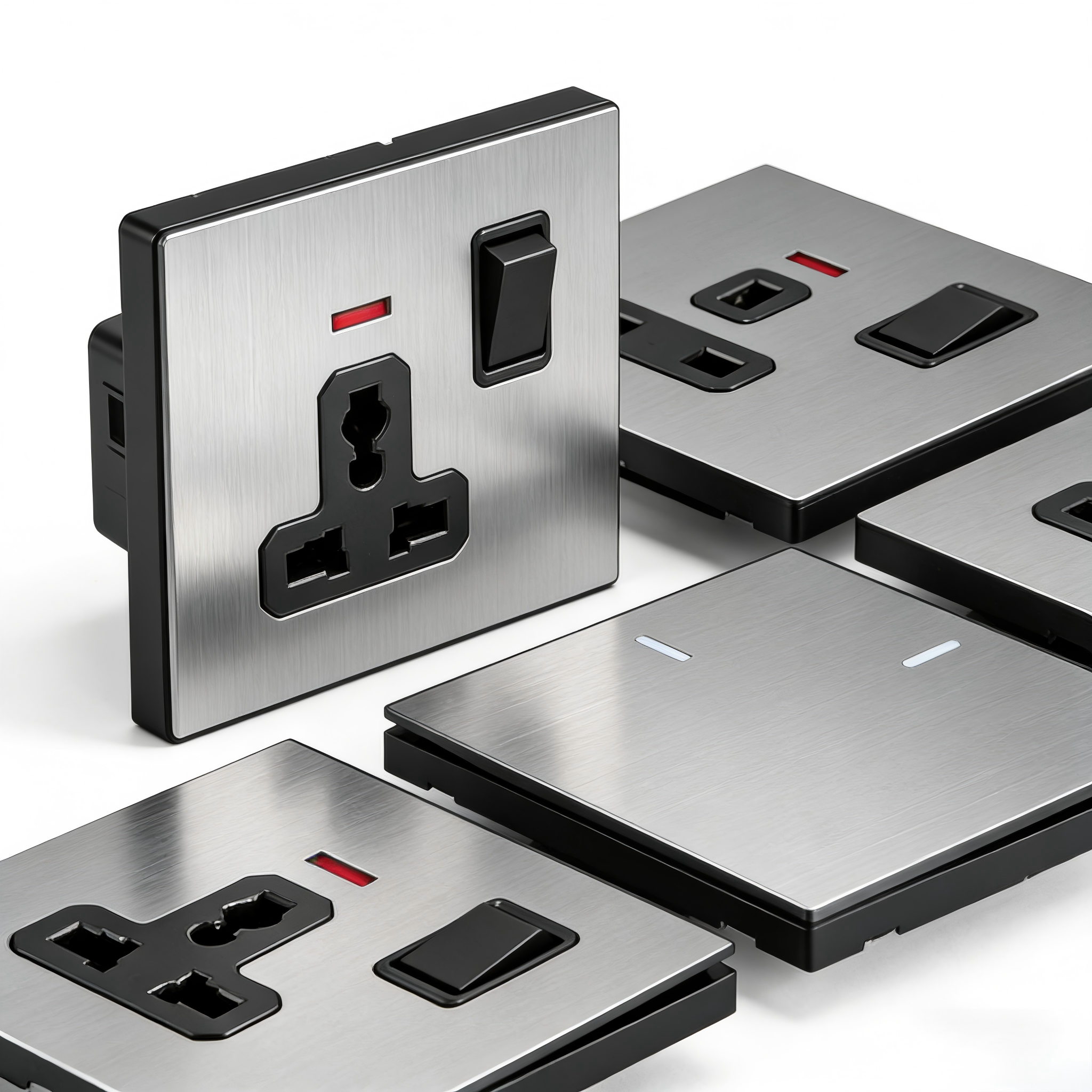 مقبس كهربائي حائطي من الفولاذ المقاوم للصدأ المصقول من سلسلة S5.1 من المملكة المتحدة من سلسلة S5.1، مقبس حائط كهربائي من Mordio بمؤشر أحمر