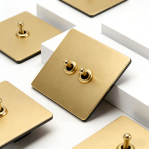 Brushed brass toggle switch, Count Series, gold finish, British standard, luxury electrical wall switch by MORDIO