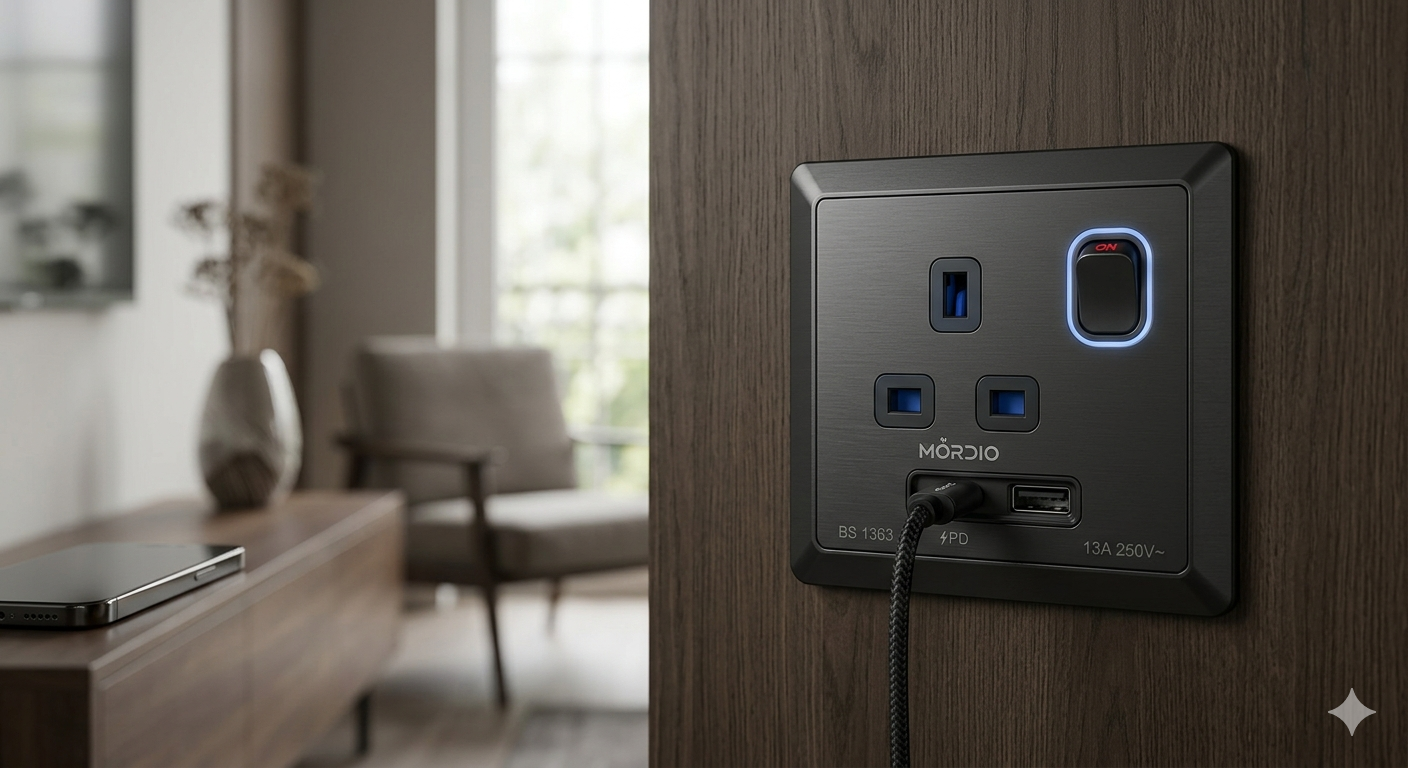 Mordio Premium British Standard Type G Socket with USB-C Charging Port and LED Indicator