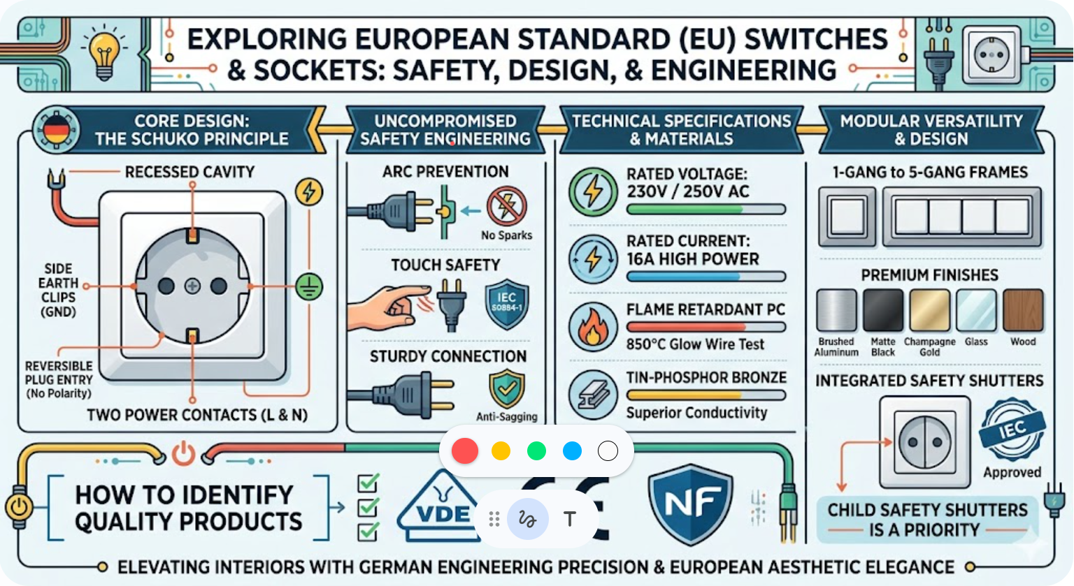 Comprehensive infographic of European Standard (EU) Schuko switches and sockets, detailing safety features, technical specifications like 230V/16A, and modular design finishes.